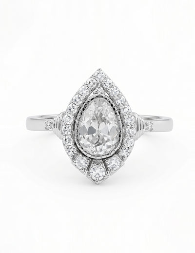 Edwardian Vintage Old Mine Pear Shape Lab Diamond Halo Ring