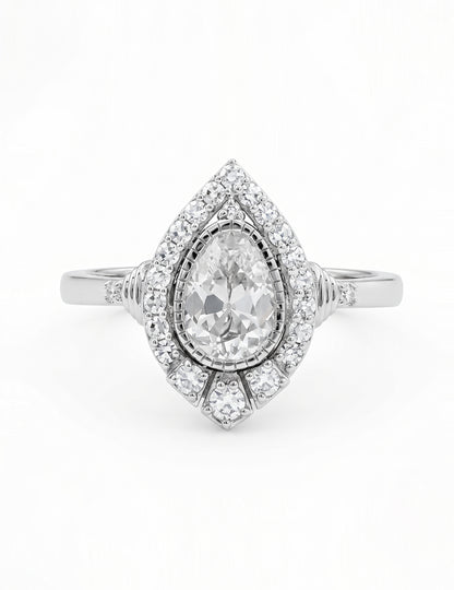 Edwardian Vintage Old Mine Pear Shape Lab Diamond Halo Ring Engagement Ring