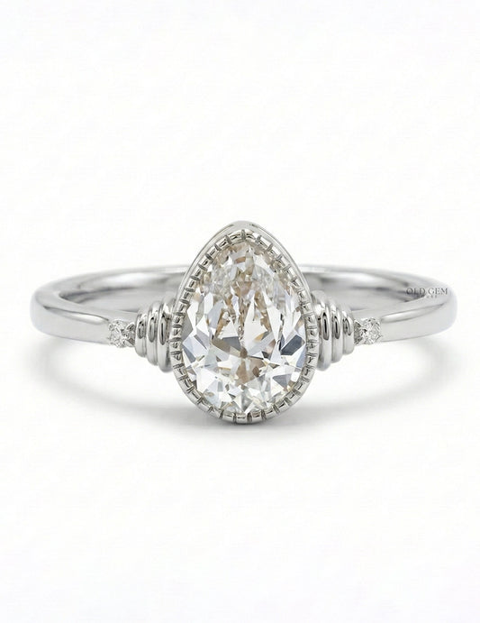 Edwardian Old Mine Pear Milgrain Bezel Set Ring Engagement Ring