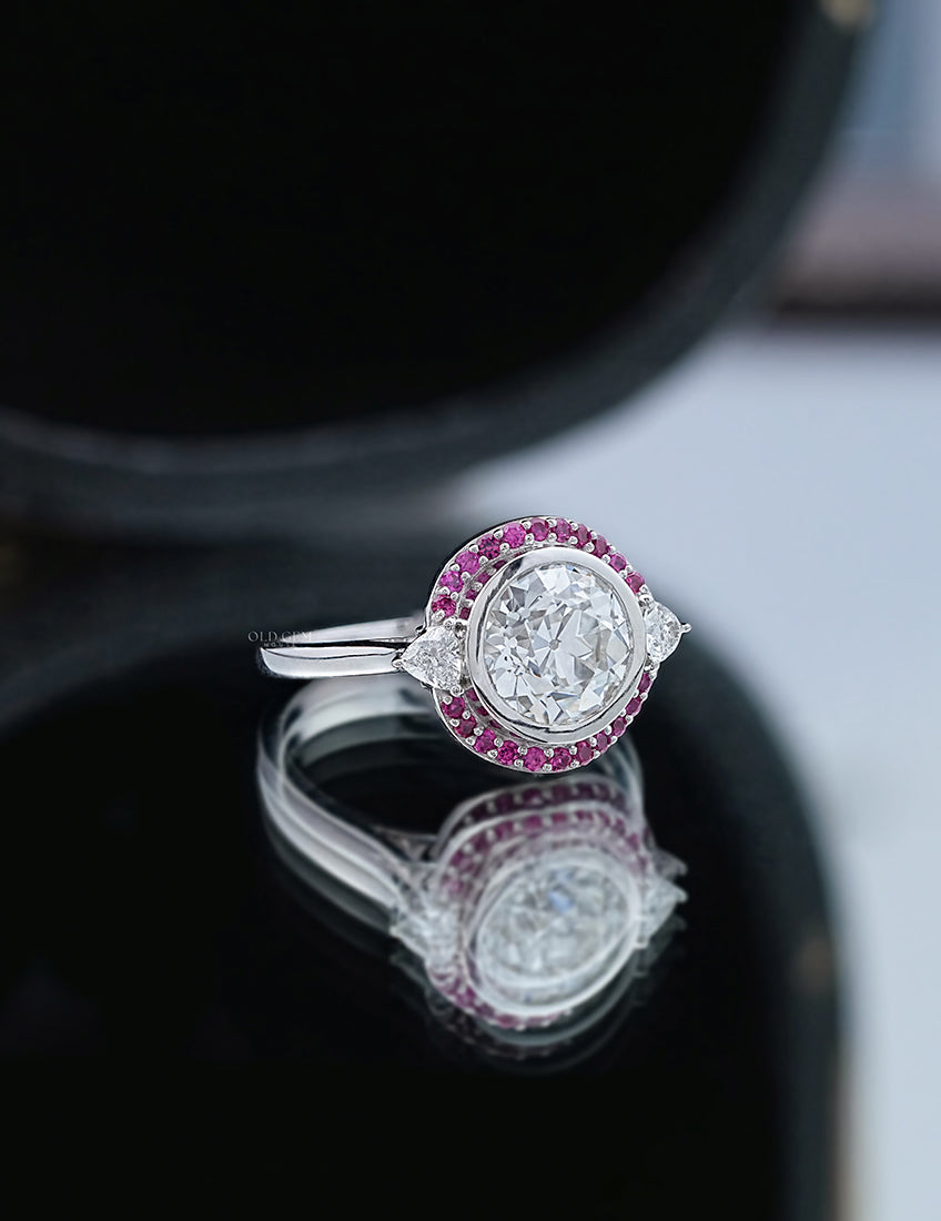 Art Deco Old European Round Cut Pink Gemstone Halo Ring Engagement Ring