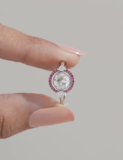 Art Deco Old European Round Cut Pink Gemstone Halo Ring Engagement Ring