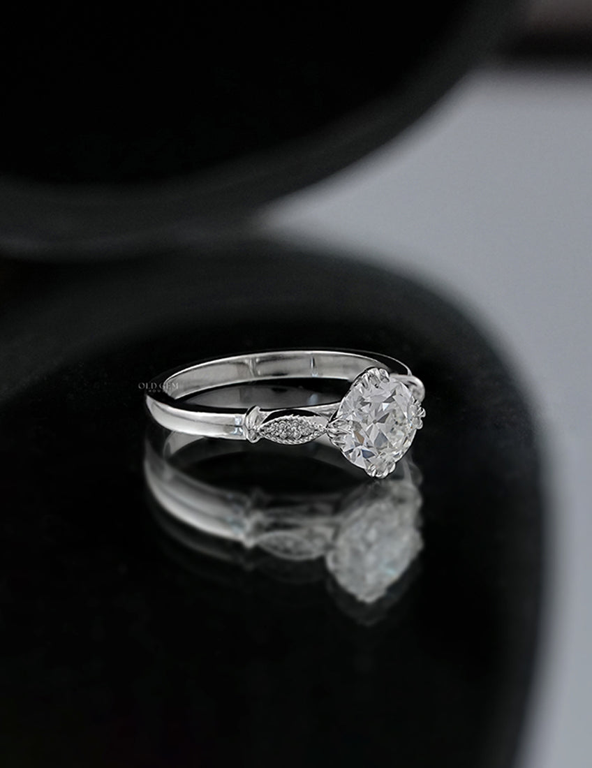 Mid Century Old European Cut Milgrain Set Accent Ring Engagement Ring