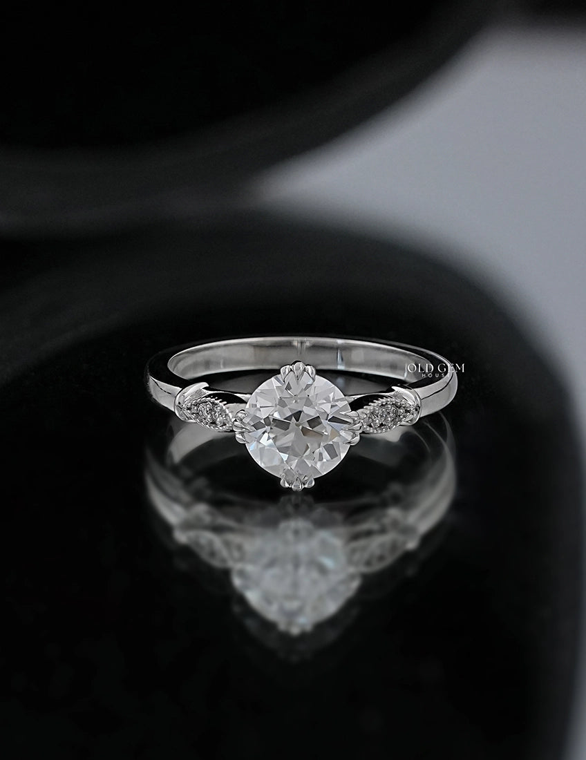 Mid Century Old European Cut Milgrain Set Accent Ring Engagement Ring