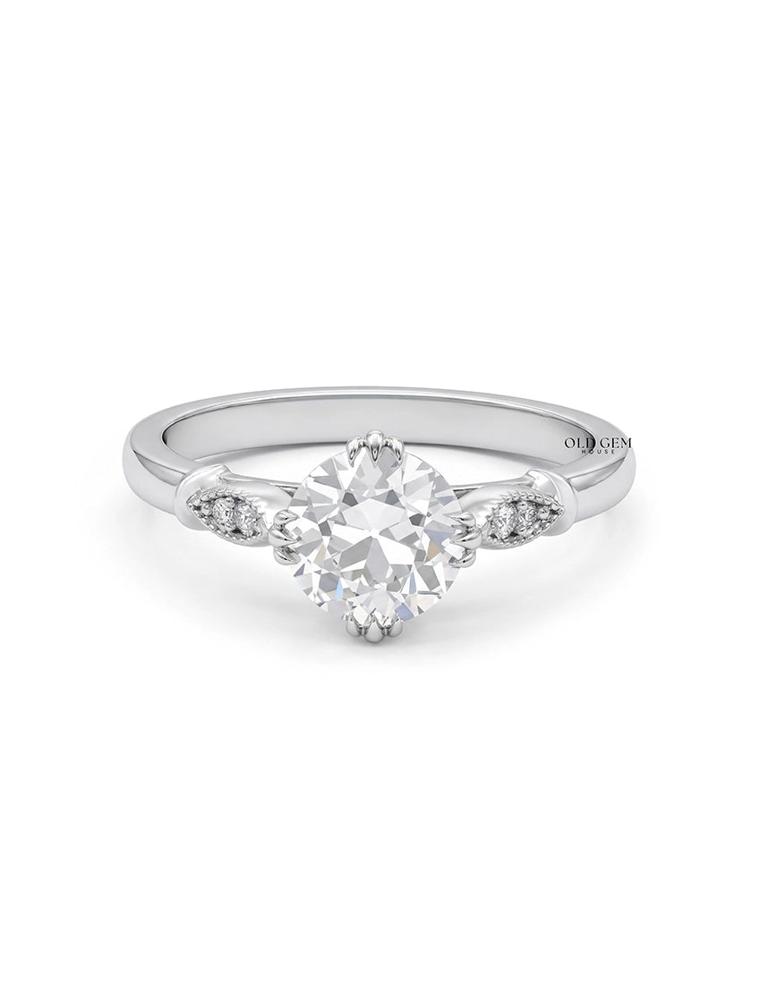 Mid Century Old European Cut Milgrain Set Accent Ring Engagement Ring