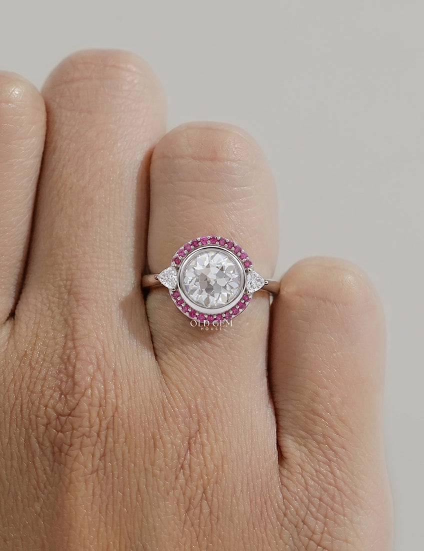 Art Deco Old European Round Cut Pink Gemstone Halo Ring Engagement Ring