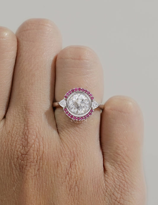 Art Deco Old European Round Cut Pink Gemstone Halo Ring Engagement Ring