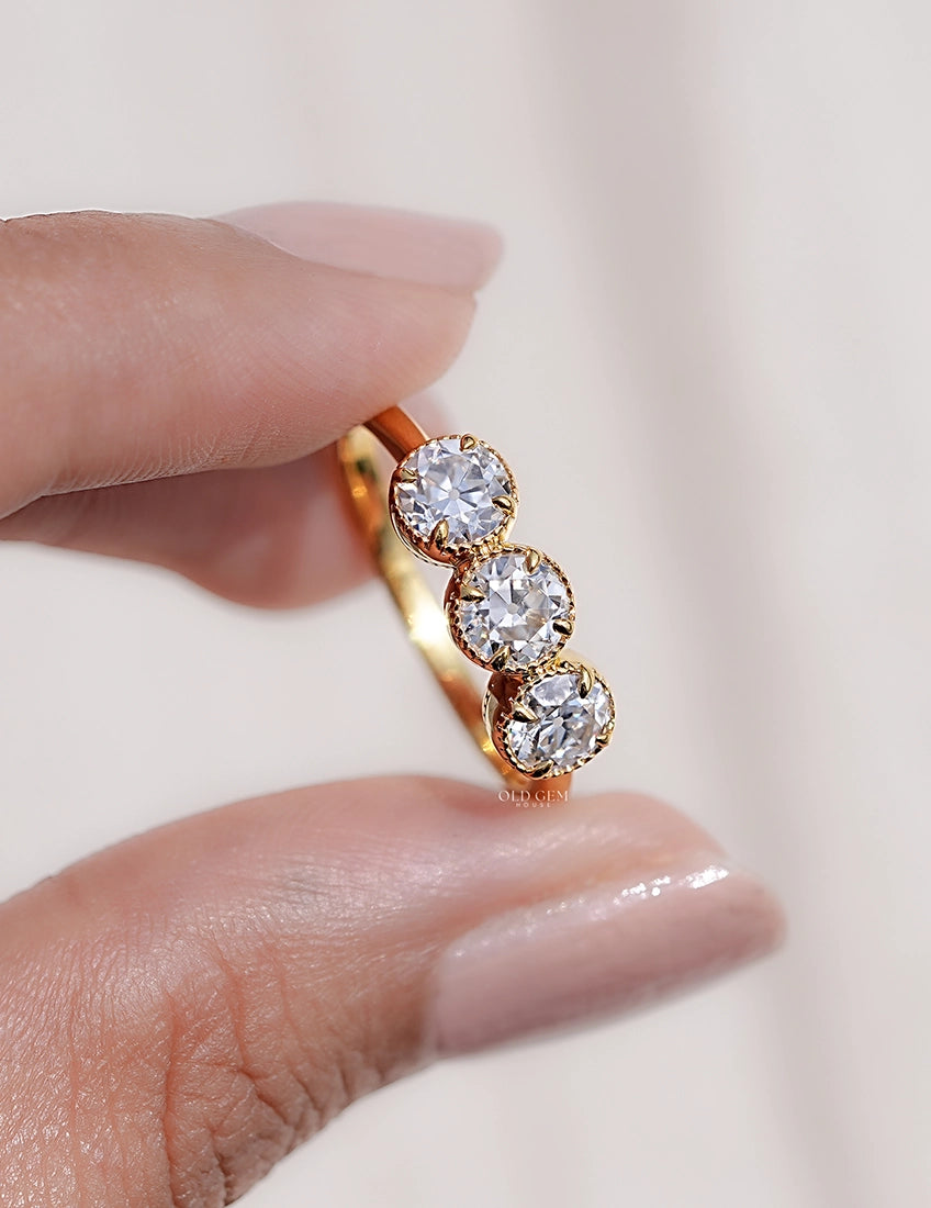 Georgian Old European Cut Round Milgrain Set Trilogy Ring Engagement Ring