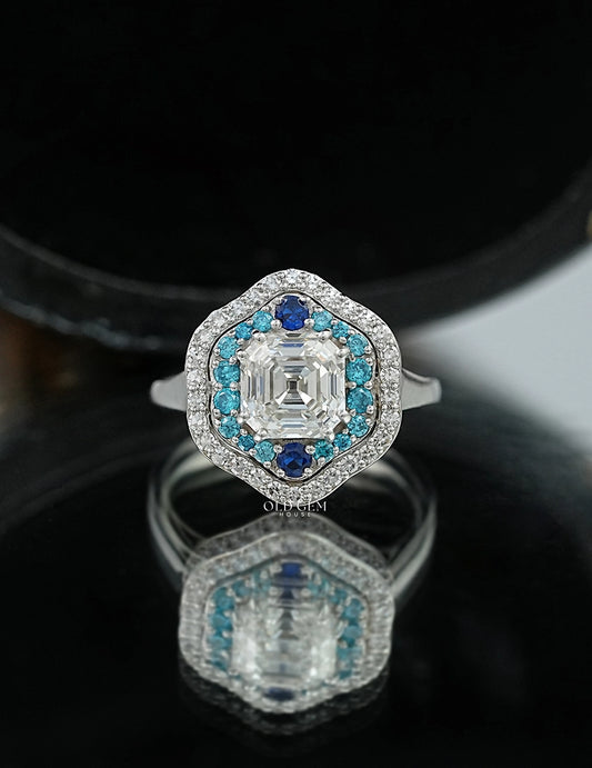 Old Mine Asscher Blue Sapphire Halo Ring Engagement Ring