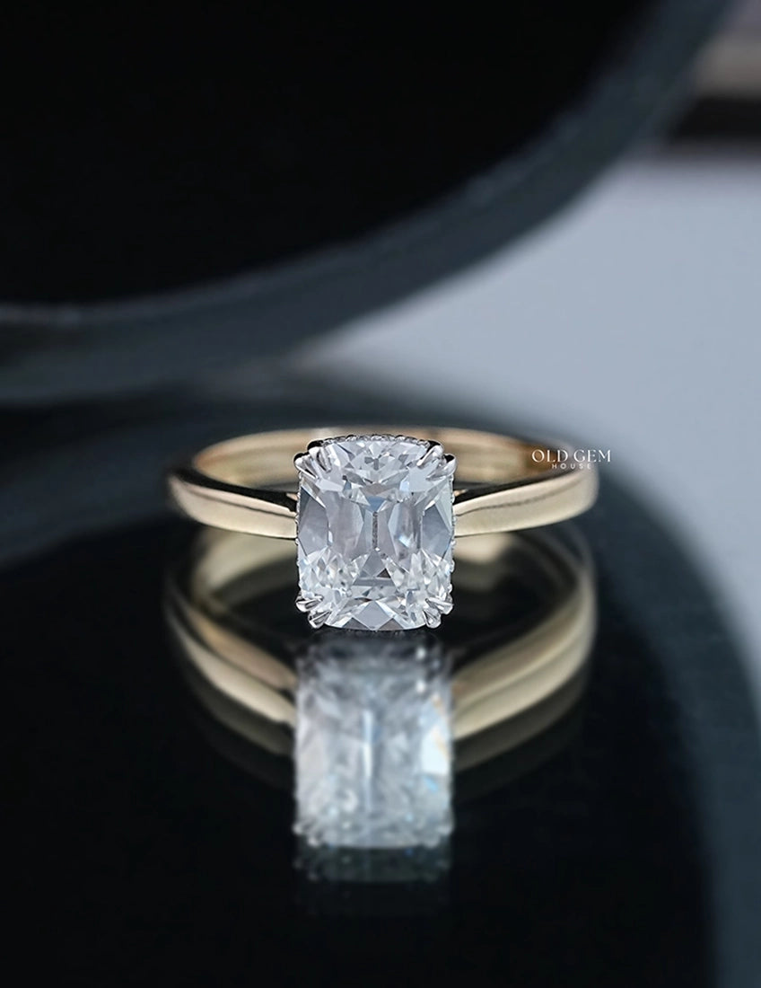Cushion Old Mine Cut Diamond Hidden Halo Ring - Mid Century Engagement Ring