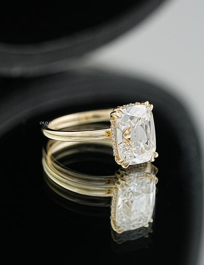 Old Mine Cushion Double Prong Set Hidden Halo Ring