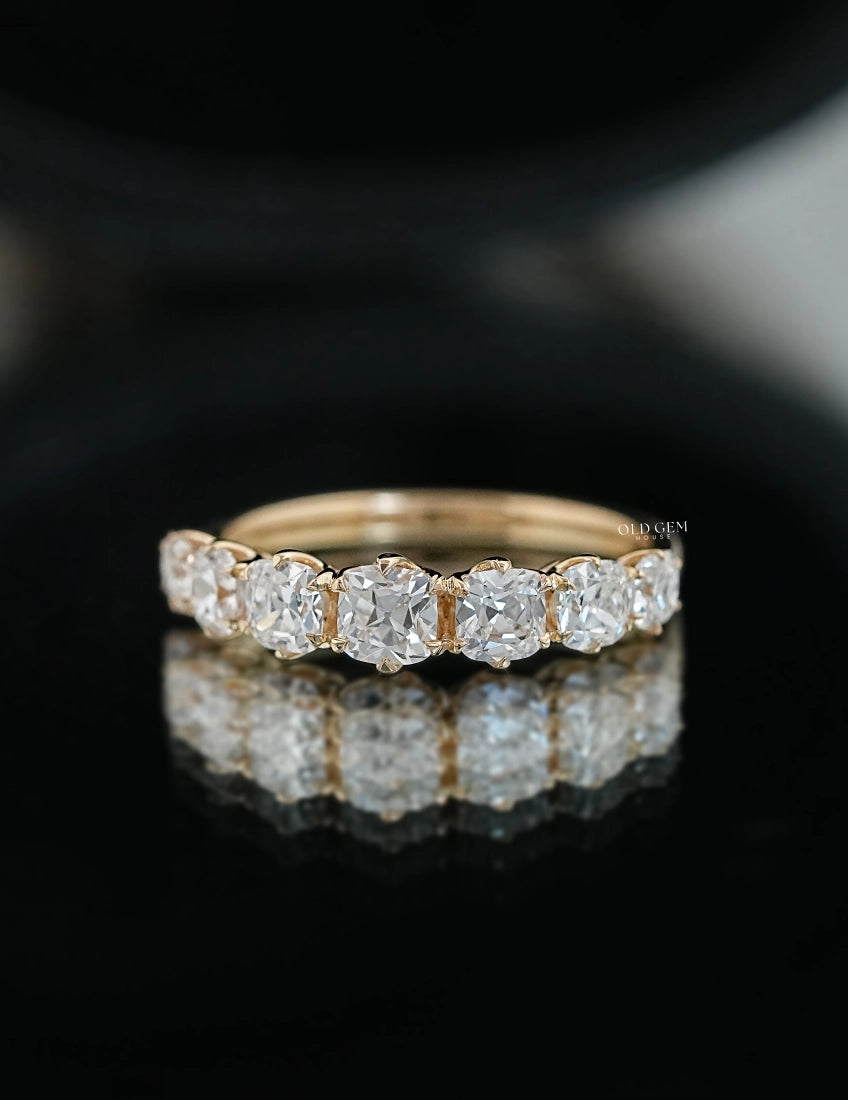 Mid Century Square Old Mine Cushion Half Eternity Band Wedding Band