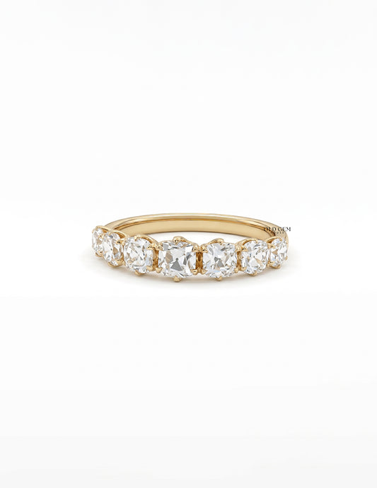 Mid Century Square Old Mine Cushion Half Eternity Band Wedding Band