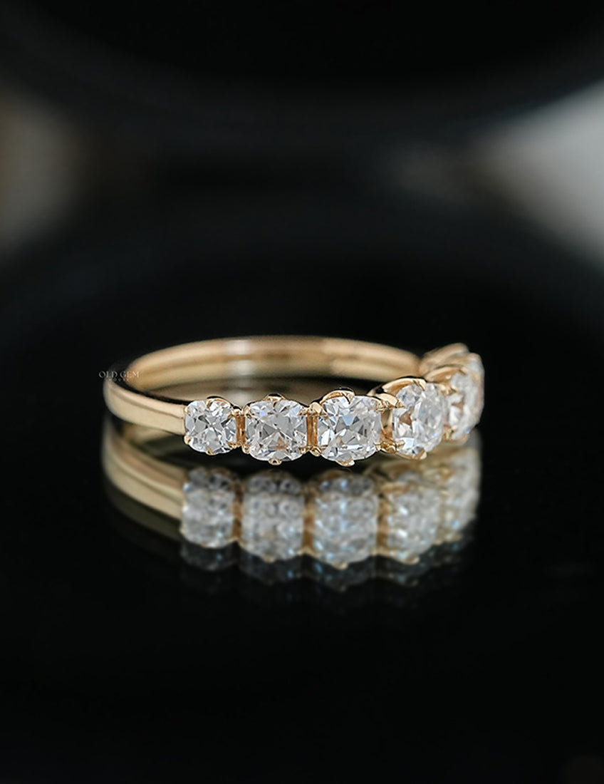 Mid Century Square Old Mine Cushion Half Eternity Band Wedding Band