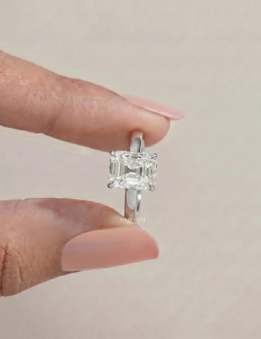 Mid Century Old Mine Emerald Cut Solitaire Ring Engagement Ring