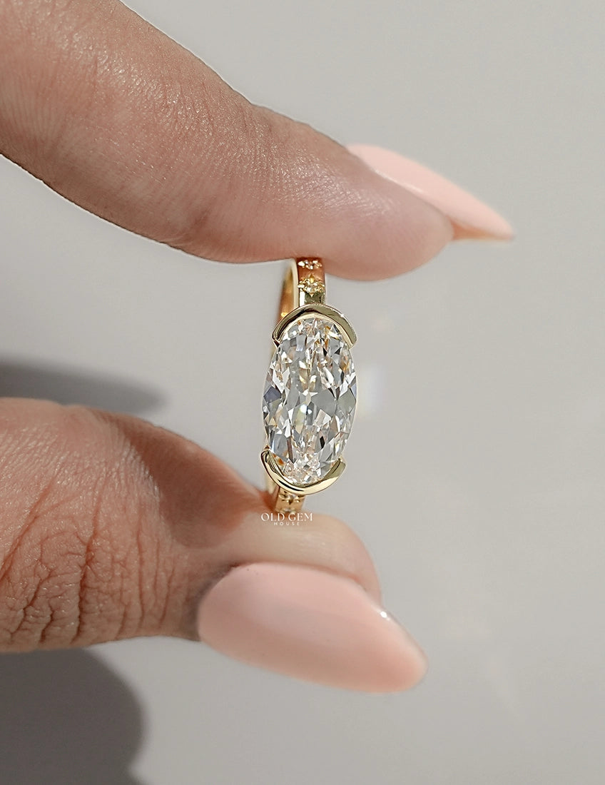 Georgian Old Mine Moval Cut Half Bezel Set Accent Ring Engagement Ring
