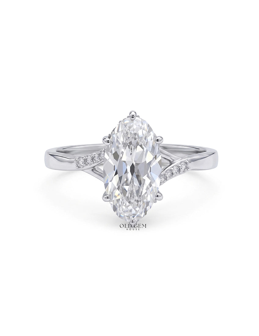 Mid Century Old Mine Moval Lab Split Shank Accent Ring Engagement Ring