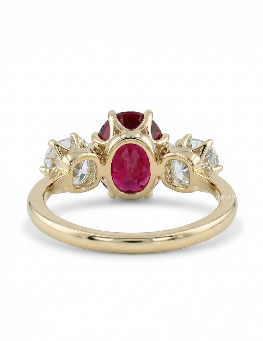 Edwardian Oval Ruby Three Stone Diamond Ring Engagement Ring