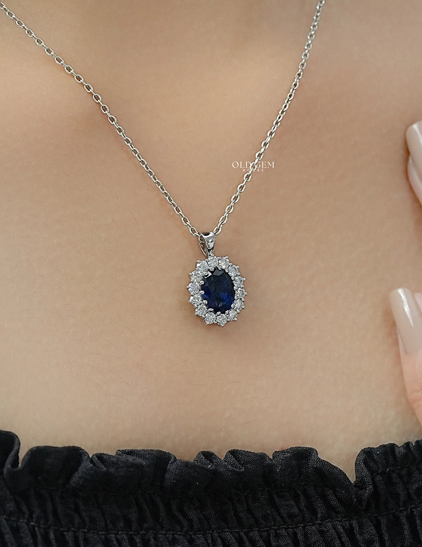 Blue Sapphire Oval Cut Halo Diamond Pendant Necklaces