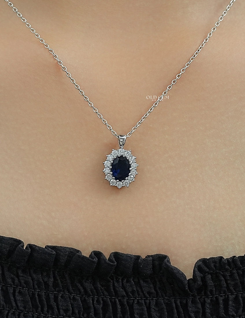 Blue Sapphire Oval Cut Halo Diamond Pendant Necklaces