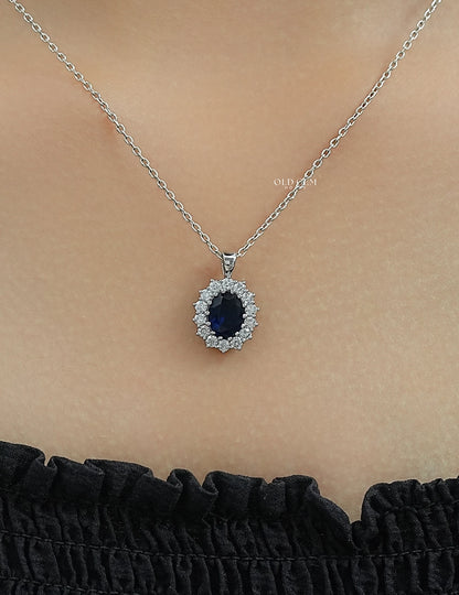 Blue Sapphire Oval Cut Halo Diamond Pendant Necklaces