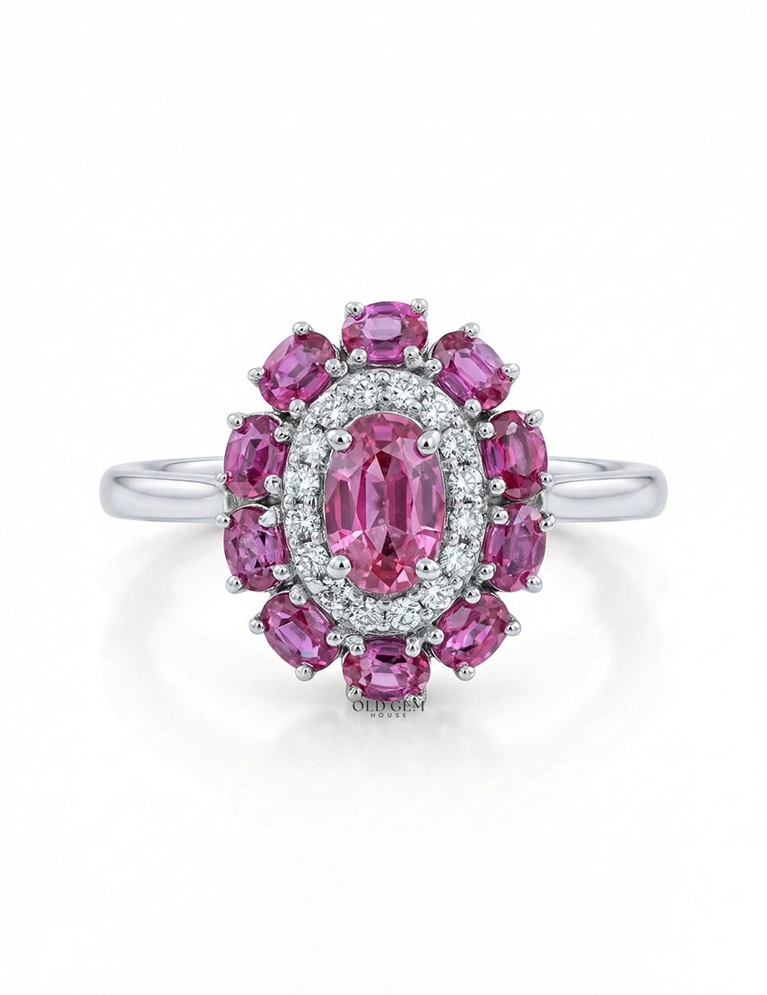 Art Deco Oval Ruby Gemstone Double Halo Engagement Ring Engagement Ring
