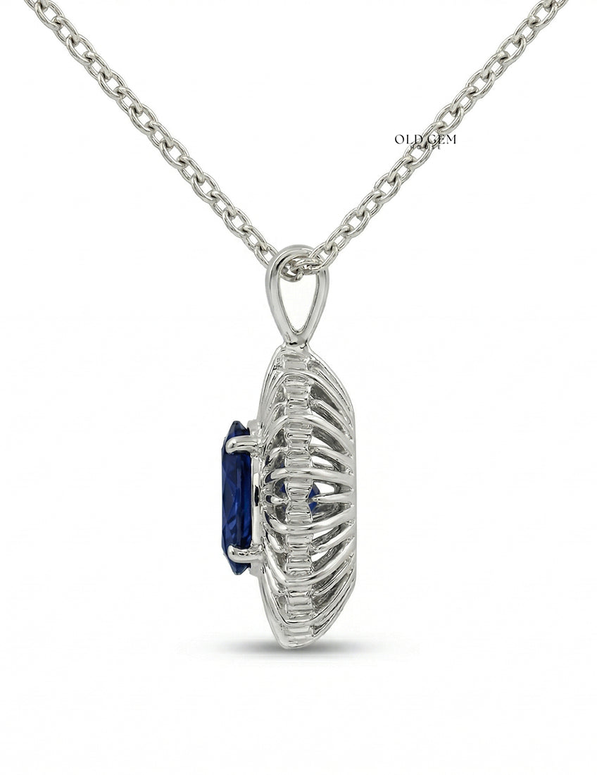 Blue Sapphire Oval Cut Halo Diamond Pendant Necklaces