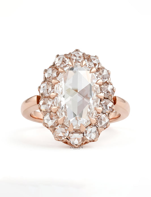 Oval Rose Cut Lab Diamond Halo Engagement Ring