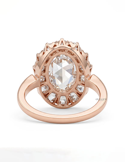 Oval Rose Cut  Lab Diamond Halo Engagement Ring