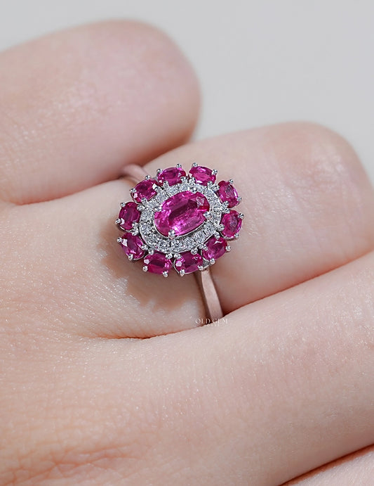 Art Deco Oval Ruby Gemstone Double Halo Engagement Ring Engagement Ring