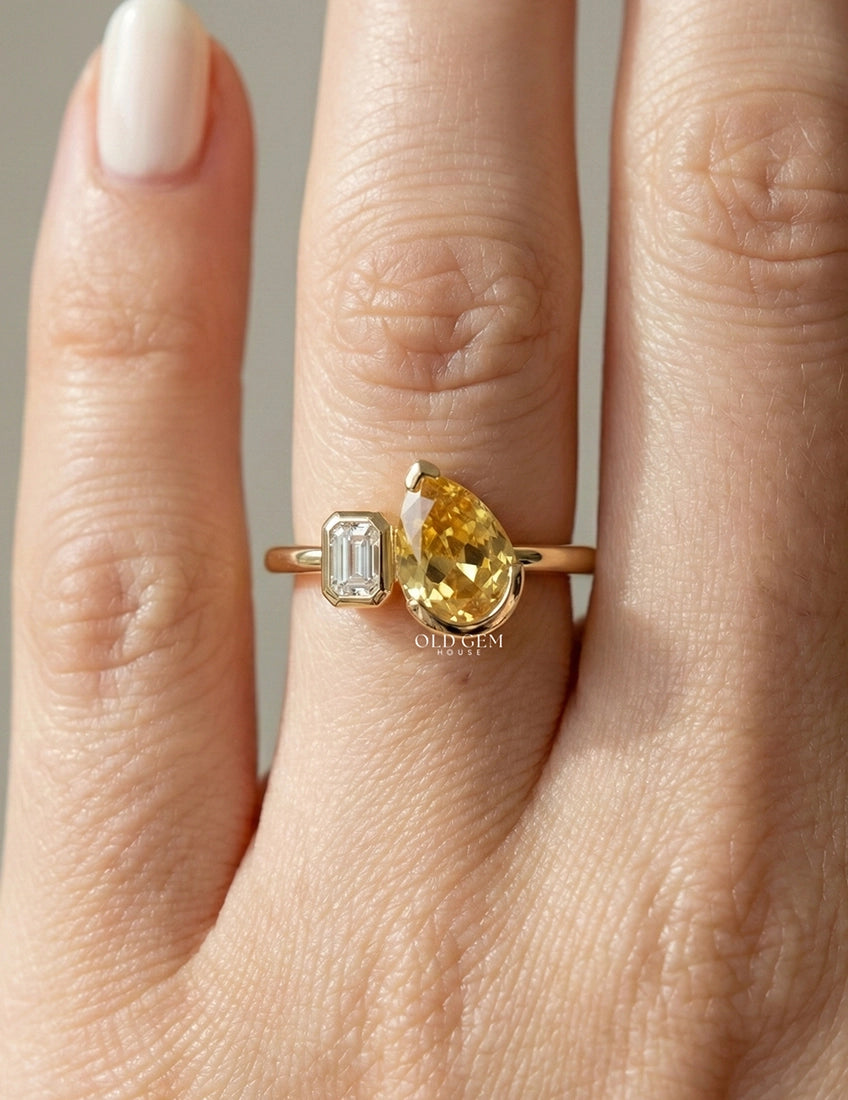 Art Deco Yellow Pear Gemstone Toi Et Moi Ring Engagement Ring