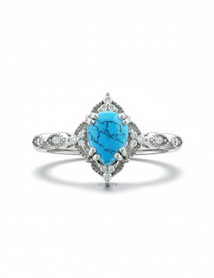 Floral Victorian Turquoise Pear Gemstone Ring Engagement Ring