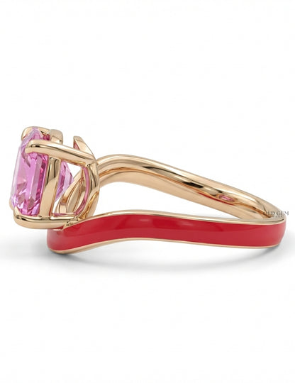 Pink Tourmaline Art Deco Pear Cut Enamel Curved Ring Engagement Ring