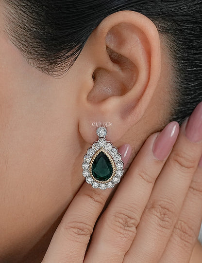 Pear Shape Emerald Gemstone Halo Diamond Drop Earring Earrings