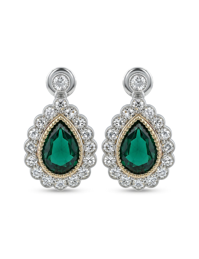 Pear Shape Emerald Gemstone Halo Diamond Drop Earring Earrings