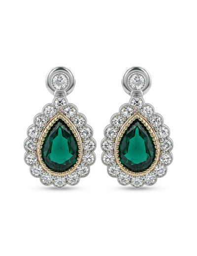 Emerald Pear And Round Diamond Halo Drop Earring