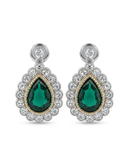 Pear Shape Emerald Gemstone Halo Diamond Drop Earring Earrings