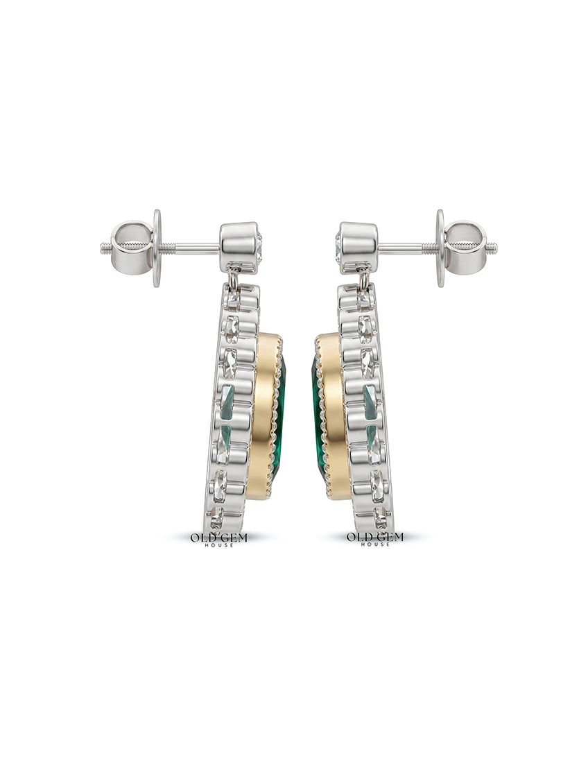 Pear Shape Emerald Gemstone Halo Diamond Drop Earring Earrings