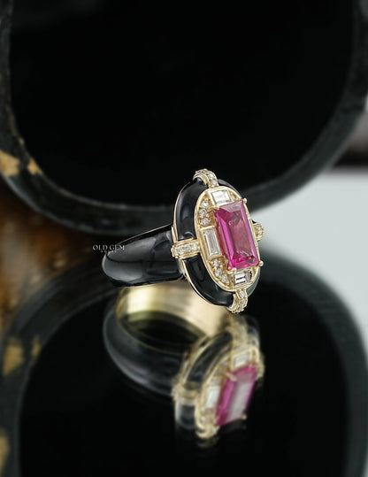 Victorian Pink Sapphire Baguette With Black Enamel Ring Engagement Ring