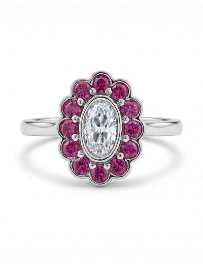 Art Deco Old Mine Oval Cut Pink Halo Engagement Ring