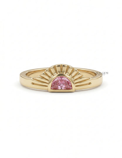 Art Deco Style Half Moon Cut Sunrise Ring Engagement Ring