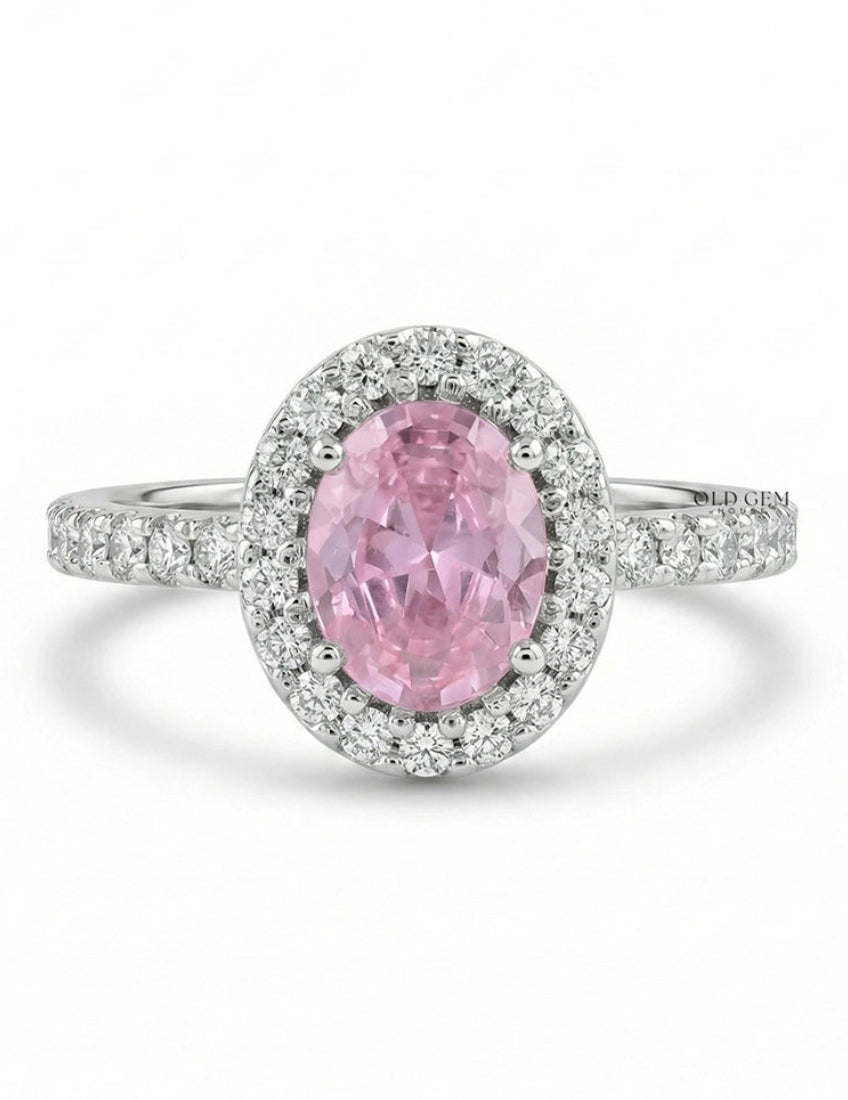 Edwardian Style Pink Oval Gemstone Halo Accent Ring Engagement Ring