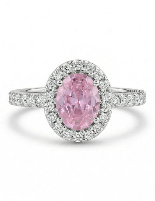 Edwardian Style Pink Oval Gemstone Halo Accent Ring Engagement Ring