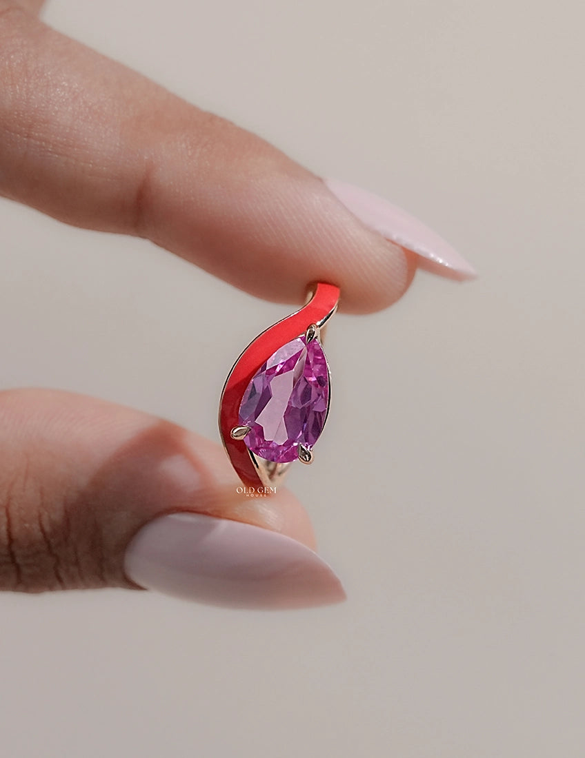 Pink Tourmaline Art Deco Pear Cut Enamel Curved Ring Engagement Ring