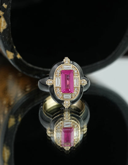 Victorian Pink Sapphire Baguette With Black Enamel Ring Engagement Ring