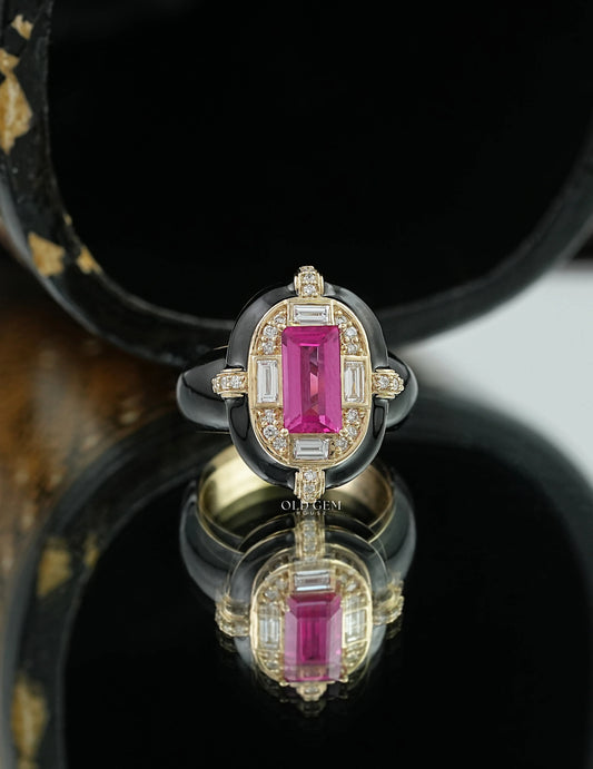 Victorian Pink Sapphire Baguette With Black Enamel Ring Engagement Ring