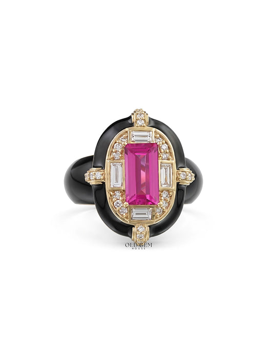 Victorian Pink Sapphire Baguette With Black Enamel Ring Engagement Ring