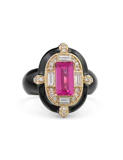 Victorian Pink Sapphire Baguette With Black Enamel Ring