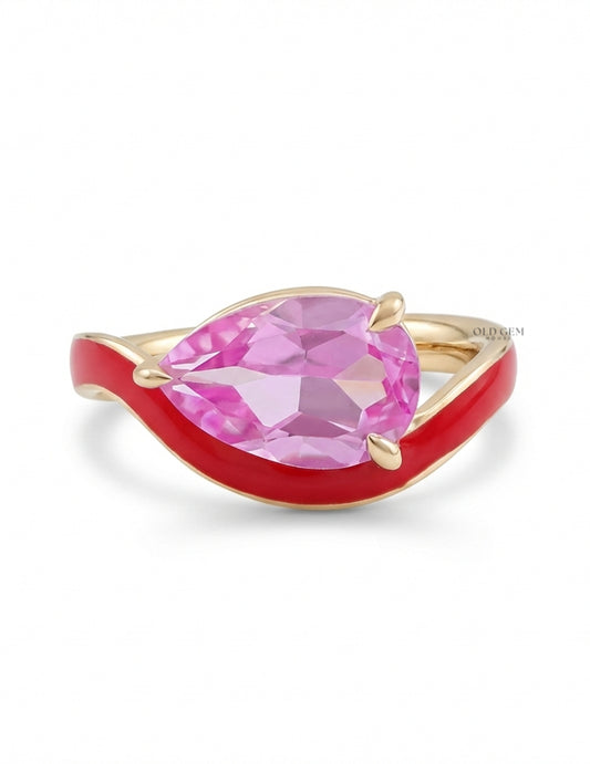 Pink Tourmaline Art Deco Pear Cut Enamel Curved Ring Engagement Ring