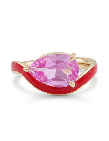 Pink Tourmaline Art Deco Pear Cut Enamel Curved Ring Engagement Ring