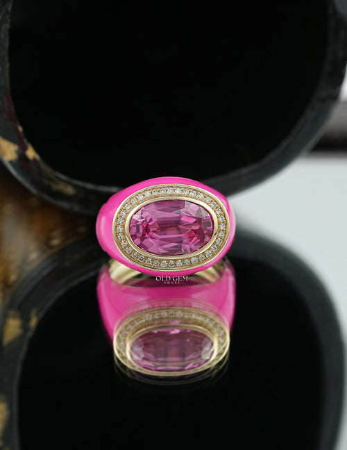 Blue Topaz Oval Gemstone Halo Enamel Dome Ring